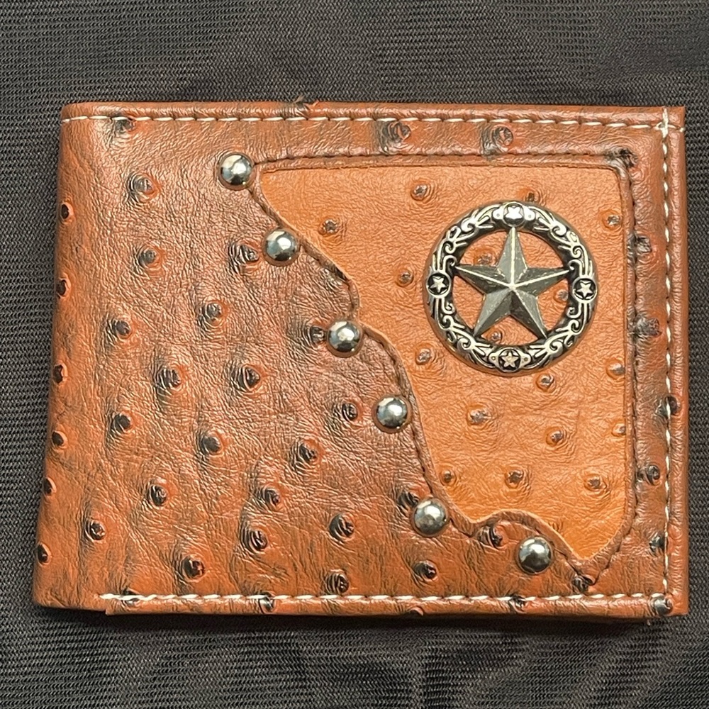Western Brown Ostrich Skin Leather Wallet With Star Emblem BiFold With ID Windo